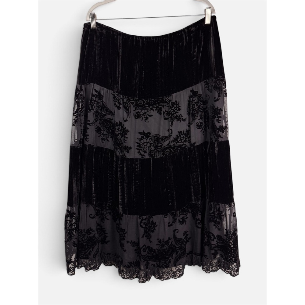Vintage Y2K Chico's Black Velvet Flocked Paisley Tiered Skirt 2/Large Whimsigoth